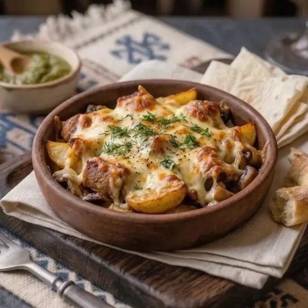 Свинина на кецы с картофелем, грибами под сырной корочкой