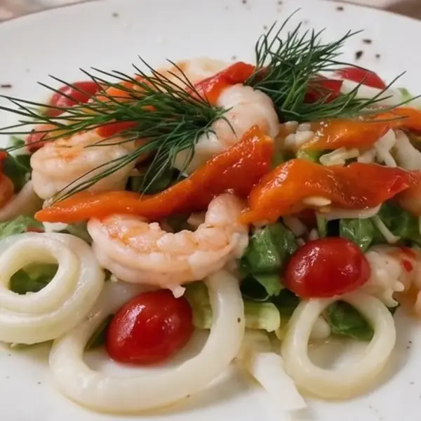 Тёплый салат с креветками и кальмаром
