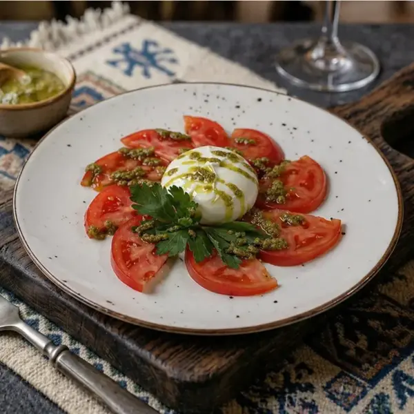 Салат с бурратой, помидорами, соусом песто