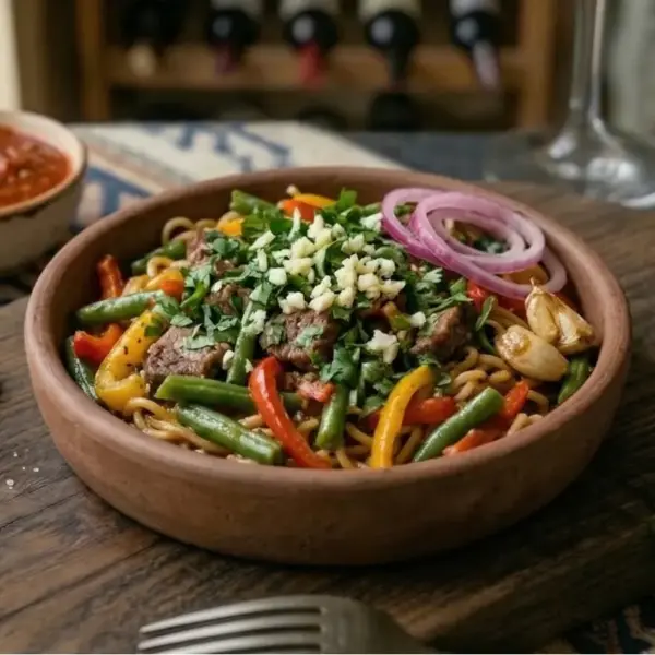 Лапшеби с говядиной, стручковой фасолью, болгарским перцем, кинзой и чесноком