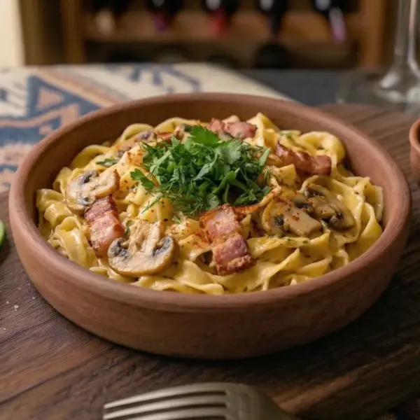 Лапшеби с шампиньонами и беконом