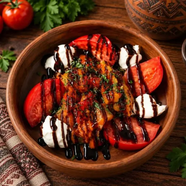 Салат из печеных перцев с помидорами и творожным сыром