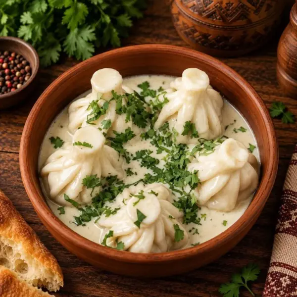 Мини хинкали с курицей и грибами в сыром соусе